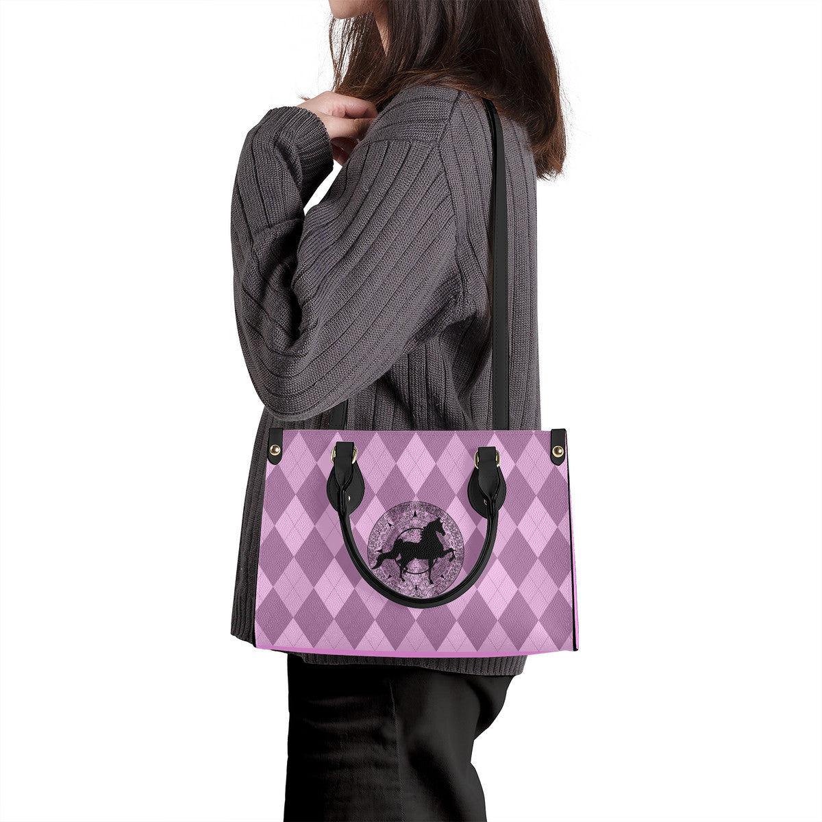 SADDLEBRED AZTEC PINK ARGYLE Luxury Women PU Tote Bag - Black