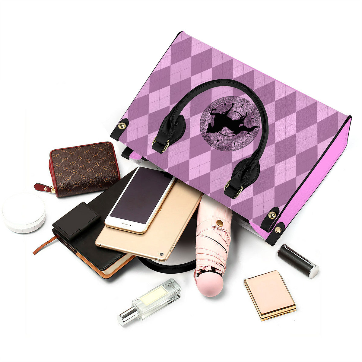 SADDLEBRED AZTEC PINK ARGYLE Luxury Women PU Tote Bag - Black
