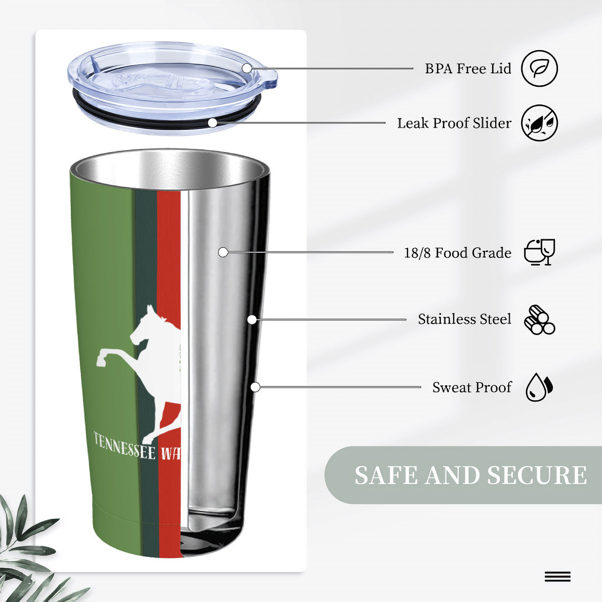 FLAT GREEN TWH GUCCI STRIPE 20oz Stainless Steel Straw Lid Cup