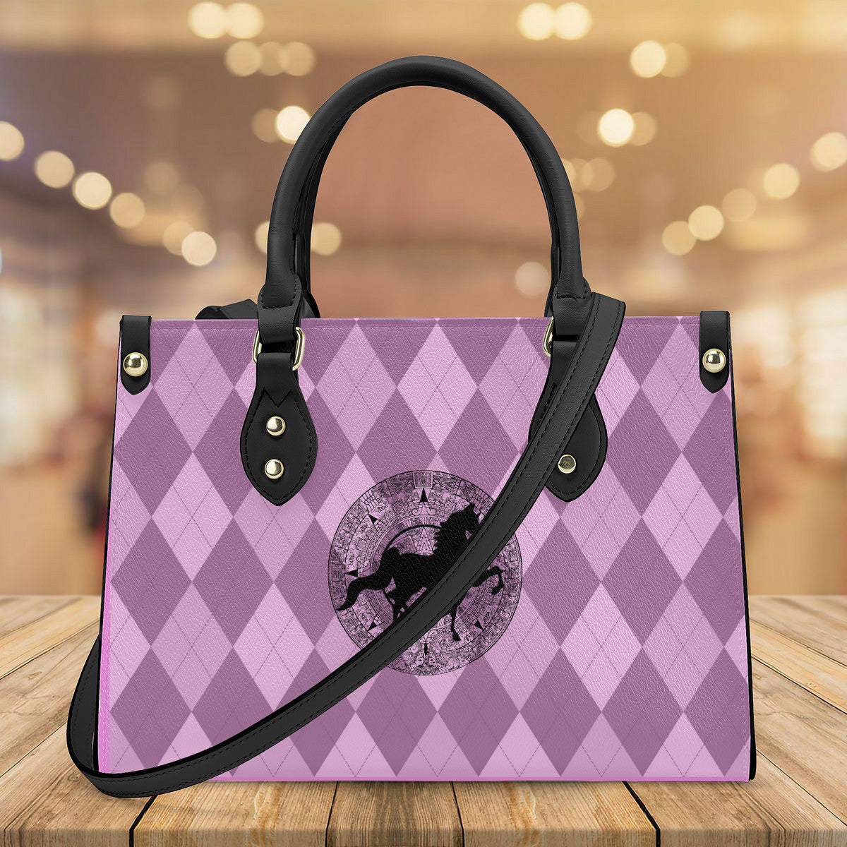SADDLEBRED AZTEC PINK ARGYLE Luxury Women PU Tote Bag - Black