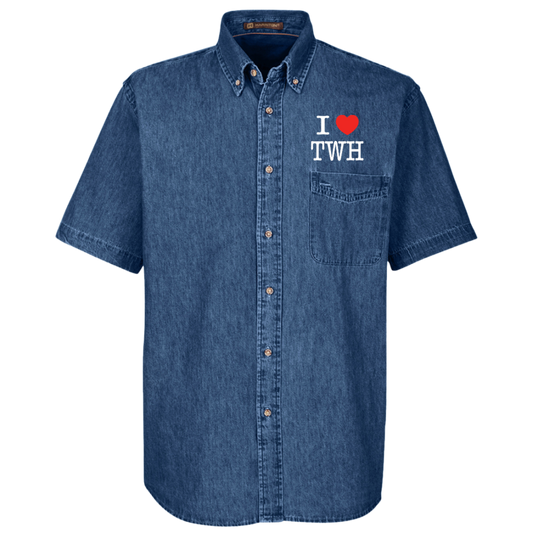 I LOVE TWH WHITE M550S Harriton Mens Short Sleeve Denim Shirt