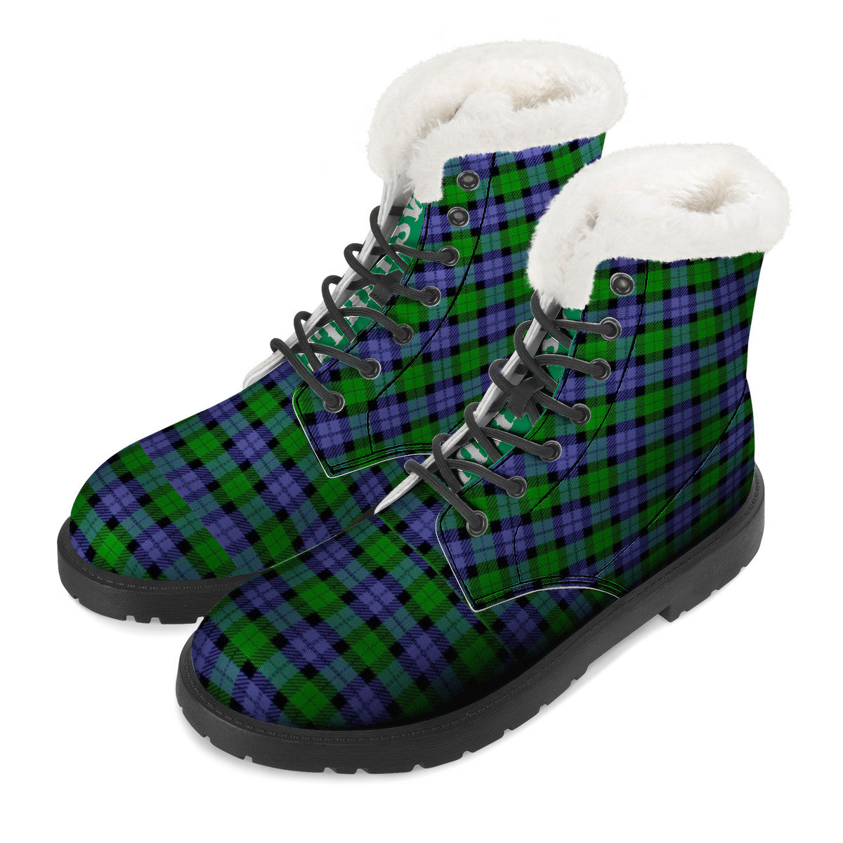 GREEN BLUE TARTAN Faux Fur Synthetic Leather Boot