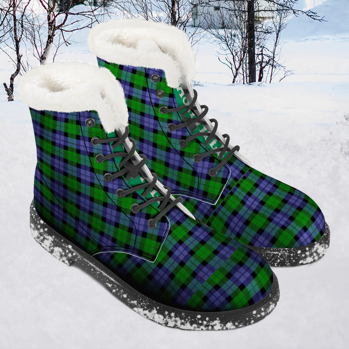 GREEN BLUE TARTAN Faux Fur Synthetic Leather Boot