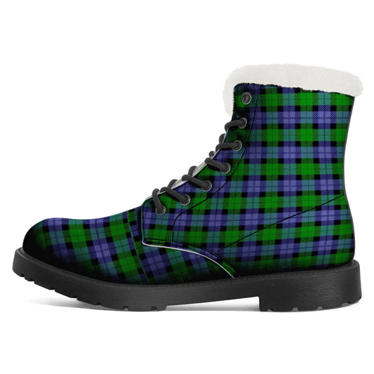 GREEN BLUE TARTAN Faux Fur Synthetic Leather Boot