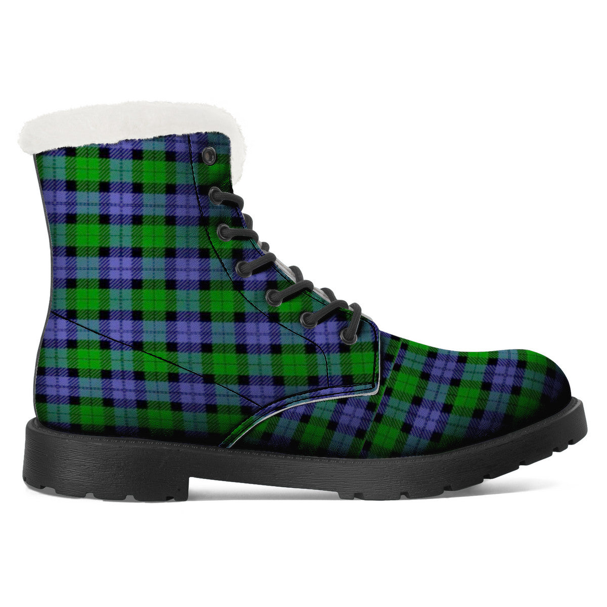 GREEN BLUE TARTAN Faux Fur Synthetic Leather Boot