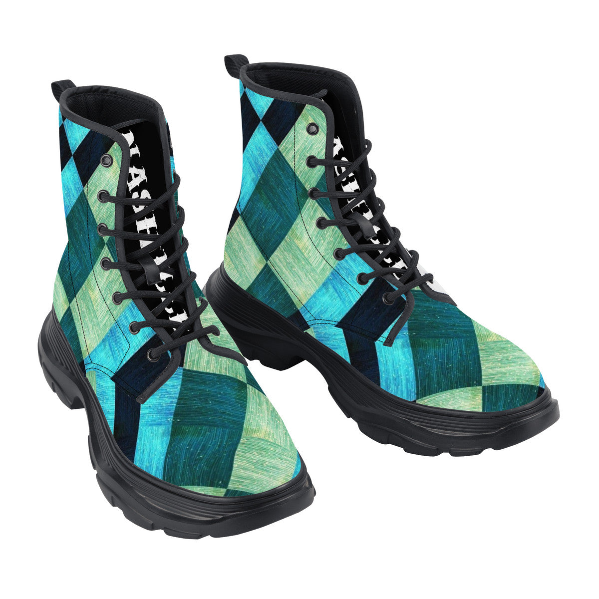 NASHVILLE BRAND GREEN BLUE BLOCKS Chunky Boots