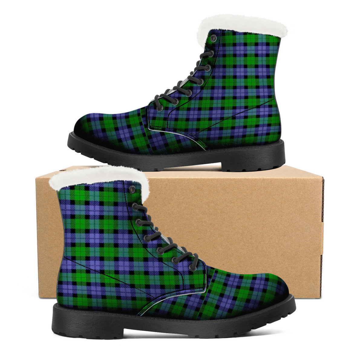 GREEN BLUE TARTAN Faux Fur Synthetic Leather Boot