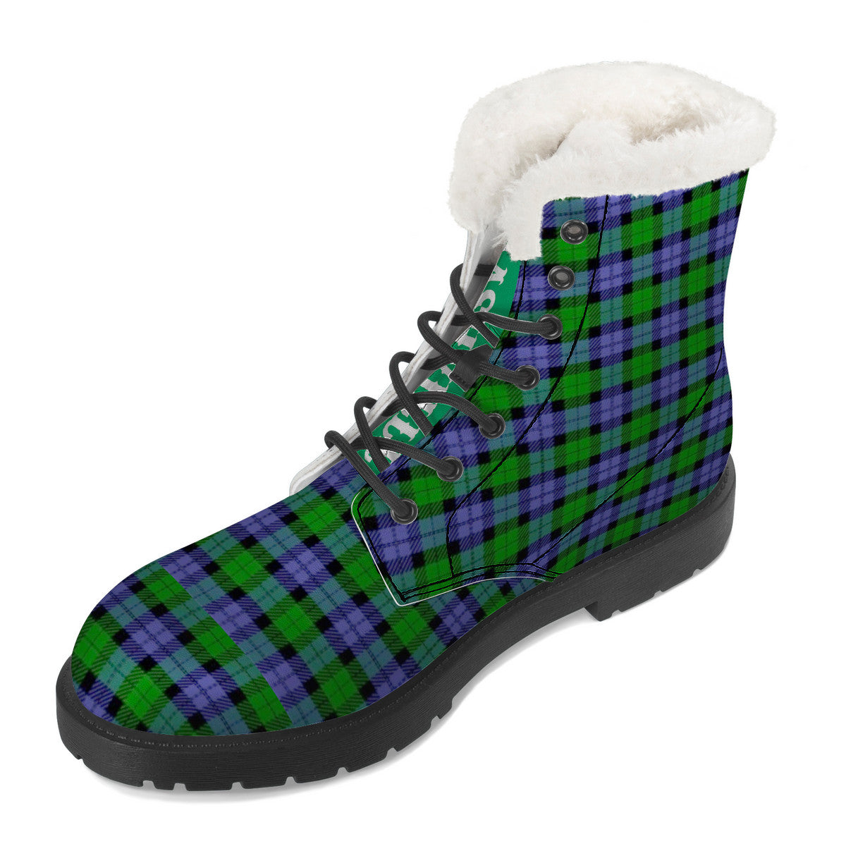 GREEN BLUE TARTAN Faux Fur Synthetic Leather Boot