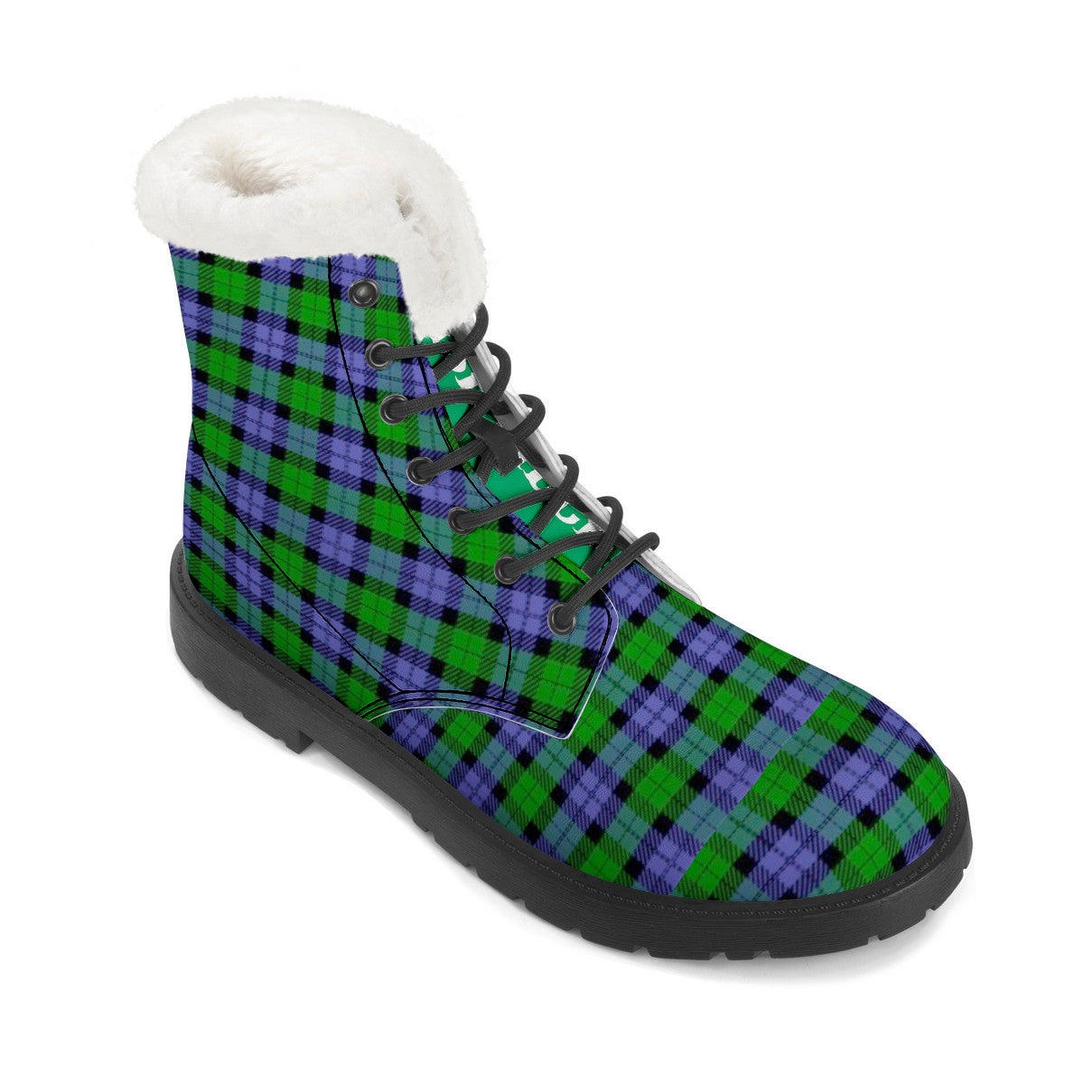 GREEN BLUE TARTAN Faux Fur Synthetic Leather Boot